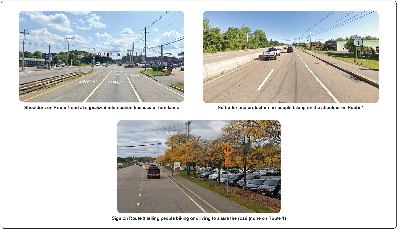 Figure 6
Biking Challenges
Figure 6 includes photos illustrating challenges for people biking in the corridor.
Figure 6Biking ChallengesFigure 6 includes photos illustrating challenges for people biking in the corridor.